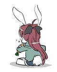  animal_ears blush bow bunny_ears bunny_tail carrot eating from_behind hair_bow kemonomimi_mode long_hair mahou_shoujo_madoka_magica mukiki sakura_kyouko simple_background sitting solo tail white_background 