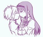  akemi_homura blush bow closed_eyes holding_hands imminent_kiss kaname_madoka long_hair mahou_shoujo_madoka_magica monochrome mukiki multiple_girls school_uniform short_hair simple_background smile yuri 