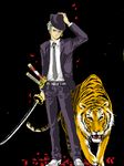  1boy alternate_costume animal black_background fedora formal green_hair hand_on_hat hand_on_headwear hat male male_focus necktie one-eyed one_piece petals roronoa_zoro scar solo standing sword tiger weapon white_shoes 