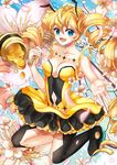  bare_shoulders bee_girl blonde_hair blue_eyes breasts cleavage drill_hair flower honey honey_dipper insect_girl large_breasts long_hair monster_girl original ozon petals skirt solo twin_drills twintails 
