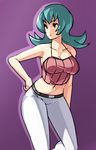  alternate_costume aqua_hair bare_shoulders belt breasts cleavage contrapposto eu03 flipped_hair gym_leader hand_on_hip large_breasts long_hair midriff natsume_(pokemon) navel older pants pokemon pokemon_(game) pokemon_hgss purple_background simple_background solo standing tank_top 