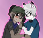  bandanna blush canine chancebandit clothing couple coyote cuddling cute duo folf fox gay hat hawox holding hybrid male mammal wolf young 