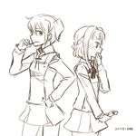  2girls blush dated flat_chest food half_updo hidamari_sketch monochrome mukiki multiple_girls nazuna nori pocky pocky_day school_uniform short_hair simple_background white_background yuri 