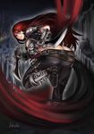  armor ass belt breasts butt_crack from_behind gauntlets green_eyes katarina_du_couteau knife league_of_legends long_hair medium_breasts parted_lips qblade red_hair reverse_grip scar signature smile solo spiked_knuckles spikes weapon 