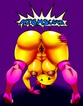  areola bent_over big_breasts big_butt bow breasts brown_nipples butt english_text erect_nipples female first_person_view gloves legwear looking_at_viewer looking_back ms_pac-man namco navel nipples pac-man pac-man_(series) presenting presenting_hindquarters pussy smile solo text thecon thigh_highs video_games yellow_skin 