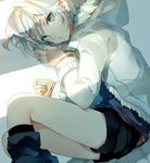  anastasia_(idolmaster) coat feet_out_of_frame fetal_position fur_trim hood idolmaster idolmaster_cinderella_girls lying on_side onbr open_clothes open_coat parka short_hair shorts silver_eyes silver_hair slim_legs solo 