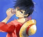  1boy black_hair blue_background clenched_hand fist hat hat_removed headwear_removed looking_at_viewer male male_focus monkey_d_luffy one_piece over_shoulder red_shirt scar shirt simple_background solo stampede_string straw_hat 