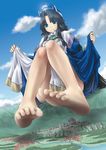  absurdres barefoot black_hair blue_eyes castle cloud day eichikei_(hakuto) eliza_torland feet giantess highres long_hair original skirt skirt_lift sky soles solo toes 