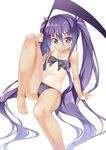  :&lt; arm_support bare_shoulders barefoot bikini black_bikini blush bow bow_bikini cameltoe closed_mouth collarbone flat_chest hair_between_eyes hair_ornament hairclip ichi_makoto long_hair looking_at_viewer maou_no_shimobe_ga_arawareta! navel purple_eyes purple_hair scythe side-tie_bikini side-tie_bottom simple_background sitting solo swimsuit tan tanline twintails v-shaped_eyebrows very_long_hair white_background 