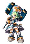  armor armored_boots armored_dress artist_request bangs blue_eyes blunt_bangs blush boots gauntlets grand_chase green_hair hammer highres holding holding_weapon lime_serenity looking_at_viewer simple_background standing thigh_boots thighhighs weapon white_background zettai_ryouiki 