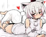  animal_ears bad_id bad_pixiv_id bare_shoulders blush hat heart highres ichirin inubashiri_momiji looking_at_viewer no_pants panties panty_pull short_hair silver_hair solo tail tokin_hat tongue touhou underwear white_background wolf_ears wolf_tail 