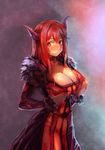  blush bow_(bhp) breasts choker cleavage fur_trim highres horns large_breasts looking_at_viewer maou_(maoyuu) maoyuu_maou_yuusha nervous red_eyes red_hair smile solo 