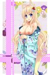  animal_ear_fluff animal_ears bare_shoulders blue_eyes blush bow breasts breasts_outside cleavage collarbone eyebrows_visible_through_hair floral_background floral_print hair_ornament highres japanese_clothes kimono large_breasts long_hair looking_at_viewer nipples obi off_shoulder open_mouth original sash sogaya tail tareme very_long_hair 