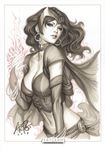  2013 avengers blue_eyes bracelet breasts bridal_gauntlets bustier cape choker cleavage earrings jewelry large_breasts marker_(medium) marvel mask midriff scarlet_witch sepia signature solo stanley_lau traditional_media wanda_maximoff 