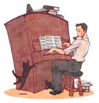  black_cat black_hair book cat dancing dress_shirt instrument male_focus metronome music original pants papers piano pipe playing_instrument playing_piano sheet_music shirt sitting smile stool terrajin 