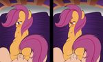  anal_penetration anus balls bed bestiality cub cum dialog english_text equine female feral first_person_view friendship_is_magic fur hair horse human interspecies looking_at_viewer looking_back male male_pov mammal my_little_pony orange_fur penetration penis pony purple_eyes purple_hair raised_tail scootaloo_(mlp) sex straight sweat text v-d-k young 