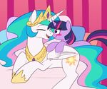  bed blush corrupteddiscipline couple crown cute cutie_mark duo equine eyes_closed female feral friendship_is_magic fur hair hi_res horn horse laing long_hair lying mammal multi-colored_hair my_little_pony necklace open_mouth pillow pony princess princess_celestia_(mlp) purple_eyes purple_fur royalty shoes simple_background smile tongue twilight_sparkle_(mlp) unicorn white_fur winged_unicorn wings 