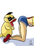  all_fours anime avian black_hair butt clothing cute duck eyewear feathers female footwear gangnam_style glasses hair human humor male mammal misty misty_(pokemon) nintendo open_mouth parody plain_background pok&#233;mon pok&eacute;mon psyduck shadow shirt shoes shorts standing straps sunglasses tongue unknown_artist video_games white_background 