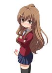  aisaka_taiga back blazer brown_eyes brown_hair crossed_arms ereraero extra_penises foreskin futanari jacket long_hair looking_at_viewer looking_back looking_up multiple_penises penis phimosis pleated_skirt simple_background skirt solo standing thighhighs toradora! uniform white_background zettai_ryouiki 