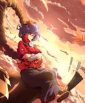  cloud crossed_arms crossed_legs dutch_angle full_body highres onbashira pekoneko purple_hair red_eyes rope sandals shimenawa sitting sky smile solo sunset touhou yasaka_kanako 