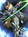  canine foreshortening glowing hologram invalid_tag male mammal muscles pecs power_armor red_eyes sci-fi science_fiction solo weapon 