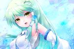  aqua aqua_background blush breasts clumeal detached_sleeves frog_hair_ornament green_eyes green_hair hair_ornament hair_tubes highres kochiya_sanae lips long_hair medium_breasts open_mouth smile snake_hair_ornament solo touhou upper_body 