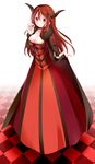  blush breasts cleavage dress fur_trim highres horns large_breasts long_hair maou_(maoyuu) maoyuu_maou_yuusha nekosugi_(hoshi) red_eyes red_hair smile solo 