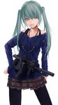  contrapposto folding_stock green_eyes green_hair gun hand_on_hip hatsune_miku highres jewelry koh_(minagi_kou) kriss_vector long_hair necklace pantyhose simple_background skirt solo standing submachine_gun suppressor twintails vertical_foregrip vocaloid weapon white_background 