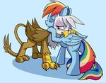  amber_eyes avian blue_background blue_fur brown_feathers brown_fur cutie_mark duo equine eyes_closed female feral friendship_is_magic fur gilda_(mlp) gryphon gsphere hair horse mammal multi-colored_hair my_little_pony pegasus plain_background pony rainbow_dash_(mlp) rainbow_hair white_feathers wings 