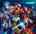  3boys android arm_cannon axl blonde_hair blue_eyes brown_hair capcom clenched_hand commentary_request energy_blade energy_sword green_eyes grin gun helmet highres holding holding_gun holding_weapon long_hair male_focus multiple_boys open_mouth ponytail rockman rockman_x smile sword user_fuyz3388 very_long_hair weapon x_(rockman) zero_(rockman) 
