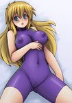  :o bangs bare_shoulders blonde_hair blue_eyes blush breasts cameltoe collar covered_navel covered_nipples cowboy_shot from_above fuurinji_miu hand_on_own_stomach impossible_clothes large_breasts long_hair mole mole_under_eye nipples open_mouth shijou_saikyou_no_deshi_ken'ichi skin_tight solo spread_legs surprised tsumitani_daisuke unitard wide-eyed 