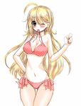  bad_id bad_pixiv_id bikini bikini_in_mouth blonde_hair checkered checkered_bikini green_eyes kengo_(kengo_0530) long_hair mouth_hold navel one_eye_closed original simple_background smile solo swimsuit white_background 