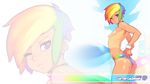  adjusting_clothes adjusting_swimsuit arched_back ass bad_id bad_tumblr_id bikini_bottom blonde_hair breasts choker doxy earrings highres jewelry multicolored multicolored_hair my_little_pony my_little_pony_friendship_is_magic nipple_piercing nipples one_eye_closed personification piercing purple_eyes rainbow_dash rainbow_hair short_hair small_breasts solo swimsuit tan tanline topless wallpaper widescreen wristband zoom_layer 