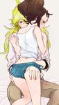  1girl ass ass_grab bare_shoulders blue_eyes brown_hair couple denim denim_shorts grabbing_another's_ass green_eyes groping hands_on_ass hetero n_(pokemon) no_hat no_headwear pokemon pokemon_(game) pokemon_bw ponytail shigeru shorts tank_top touko_(pokemon) 