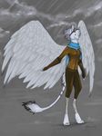  amber_eyes avian beak blajn blajn_(character) clothed clothing digitigrade eyewear feather female fingerless_gloves gloves goggles gryph000 gryphon rain scarf simple_background solo spot_color white white_body white_feathers wings 