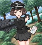  akiyama_yukari alternate_costume binoculars blush brown_eyes brown_hair caterpillar_tracks clipboard commentary_request dutch_angle emblem forest girls_und_panzer ground_vehicle hat highres iron_cross jacket kouson'en messy_hair military military_hat military_uniform military_vehicle motor_vehicle nature nazi ooarai_(emblem) open_mouth panzerkampfwagen_iv peaked_cap reichsadler short_hair sigrunen skirt solo swastika tank totenkopf uniform waffen-ss water 