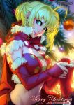  1girl ahoge artist_name blonde_hair breasts bridal_gauntlets capelet christmas_ornaments christmas_tree cleavage cleavage_cutout comic earrings eyebrows_visible_through_hair fate_(series) fur_trim green_eyes hat highres jewelry looking_to_the_side merry_christmas midriff navel nero_claudius_(fate)_(all) santa_hat smile solo strapless tubetop xong 