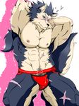  anthro arms_behind_head biceps big_muscles blush canine clothed clothing fangs flexing fur half-dressed jockstrap male mammal muscles nipples pecs pose rouen scar shining_(series) shining_force shining_wind solo standing topless underwear unknown_artist video_games wolf 