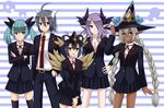  1boy 1guy 3girls belt black_hair black_sage_charon blouse blue_eyes bow bowtie braid breasts cardfight!!_vanguard cleavage crossed_arms darkness_maiden_macha darkside_trumpeter elf green_eyes green_hair hair_ornament hand_in_pocket hand_on_hip hat horns jacket knee_high_socks long_hair looking_at_viewer miniskirt moonlight_witch_vaha multiple_girls necktie pants pointy_ears purple_hair ribbon school_uniform shadow_paladin short_hair skirt skull_witch_nemain socks thighhighs twintails white_hair wings witch_hat yellow_eyes 