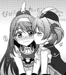  bare_shoulders blush cheek_kiss closed_eyes futaba_aoi_(vividred_operation) greyscale hat hoshino_ouka isshiki_akane kiss long_hair monochrome multiple_girls palette_suit short_hair smile twintails uniform vividred_operation wavy_mouth yuri 