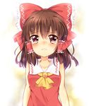  ascot bekotarou bow brown_hair collarbone frown gradient gradient_background hair_bow hair_tubes hakurei_reimu long_hair looking_at_viewer red_eyes sidelocks simple_background sleeveless solo tears touhou vest 