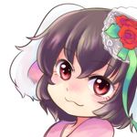  :3 animal_ears black_hair bunny_ears eyelashes flower hair_flower hair_ornament head_tilt inaba_tewi looking_at_viewer mana_(tsurubeji) portrait red_eyes ribbon short_hair simple_background solo touhou white_background 