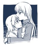  couple eila_ilmatar_juutilainen hug long_hair monochrome mukiki multiple_girls sanya_v_litvyak strike_witches world_witches_series yuri 