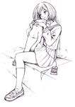  bbb_(friskuser) cable digital_media_player earphones eba_kurako greyscale highres hyouka ipod ipod_touch lineart monochrome school_uniform serafuku short_hair simple_background sitting white_background 