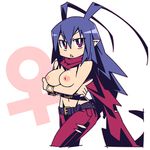  antenna_hair bad_id bad_pixiv_id belt blue_hair breasts cannsk disgaea disgaea_d2 groin laharl laharl-chan large_breasts long_hair nipples pointy_ears red_eyes scarf solo venus_symbol very_long_hair white_background 