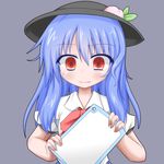  anger_vein blue_hair cutting_board dress_shirt empty_eyes food fruit hat hinanawi_tenshi long_hair oden_(th-inaba) peach red_eyes shirt smile solo touhou upper_body 