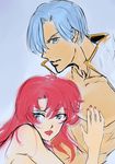  1girl beardorado blue_hair couple hetero highres kamina nail_polish open_clothes open_shirt red_hair shirt sketch tengen_toppa_gurren_lagann tengen_toppa_gurren_lagann:_parallel_works yoko_littner 