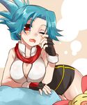  bent_over blue_hair breasts cleavage fingerless_gloves gen_3_pokemon gloves hinata_(pokemon) irouha large_breasts looking_at_viewer open_clothes open_mouth open_shirt plusle pokemon pokemon_(creature) pokemon_ranger pokemon_ranger_uniform red_eyes shirt sleepy yawning zipper 