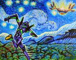  angel_(evangelion) eva_01 fine_art_parody mecha neon_genesis_evangelion no_humans parody sahaquiel skimlines sky star_(sky) starry_night starry_sky style_parody traditional_media vincent_van_gogh_(style) 