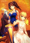  2girls absurdres ahoge aozaki_aoko avalon_(fate/stay_night) bare_shoulders blonde_hair blue_eyes bow breasts brown_hair cleavage dress elbow_gloves fate/stay_night fate_(series) gloves green_eyes hair_bow hair_ribbon highres koyama_hirokazu large_breasts long_hair magic_circle mahou_tsukai_no_yoru multiple_girls pantyhose ribbon saber takeuchi_takashi twintails type-moon 